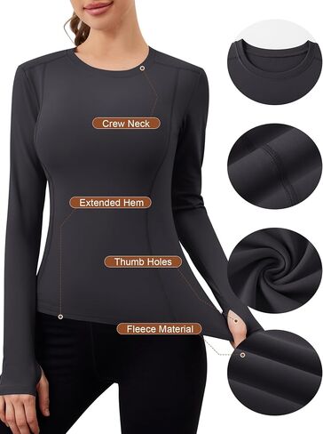 Loovoo Womens Freece Fleece تصطف على تمرين القمصان الرياضية الانضغاطات Tee Long Sleeve Yoga Gym Tops Basic in Kuwait