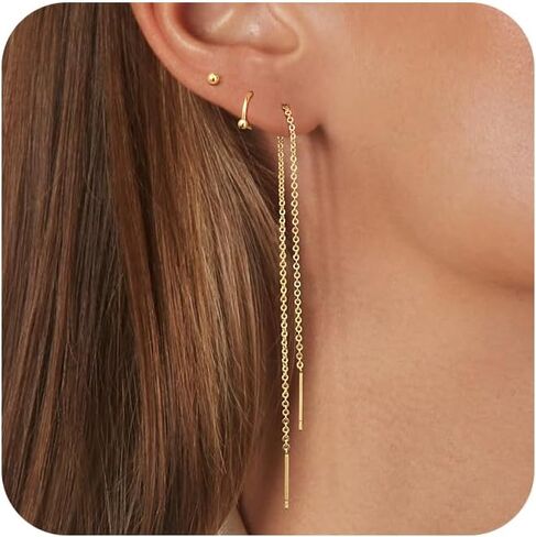 Gold Chain Earrings for Women Dainty Long Dangle Earrings Set, Trendy Hoop Cubic Zirconia Stud Earring Stack, Hypoallergenic Drop Earrings Jewelry for Womens 3 Pairs in Saudi Arabia