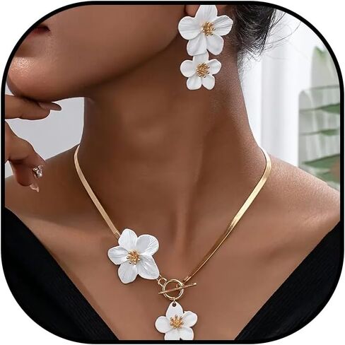 Gold Flower Earrings Necklace Set Spring Earrings for Women Flower Pendant Necklace White Flower Statement Earring Spring Trendy Jewelry Dresses in Saudi Arabia