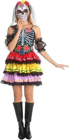 SKAYS Halloween Costumes Day Of The Dead Costume Adult Women Sugar Skull Print Mini Dress in Saudi Arabia