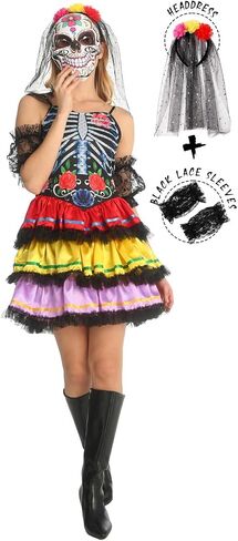 SKAYS Halloween Costumes Day Of The Dead Costume Adult Women Sugar Skull Print Mini Dress in Saudi Arabia