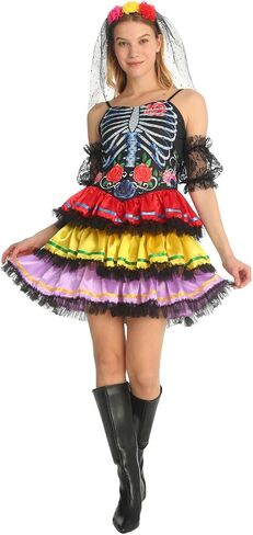 SKAYS Halloween Costumes Day Of The Dead Costume Adult Women Sugar Skull Print Mini Dress in Saudi Arabia