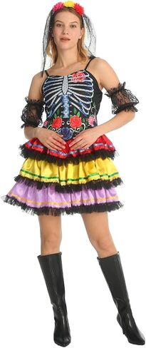 SKAYS Halloween Costumes Day Of The Dead Costume Adult Women Sugar Skull Print Mini Dress in Saudi Arabia