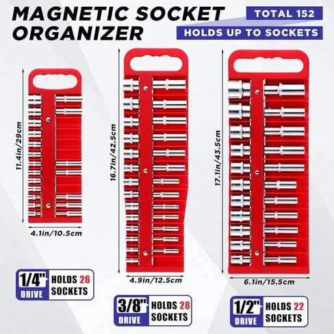 6 Pcs Magnetic Socket Organizer Holder Case Rail Rack for 1/2'', 3/8 '', 1/4'' Drive, Securely Holds 152 Sockets(Red,Blue) in Saudi Arabia