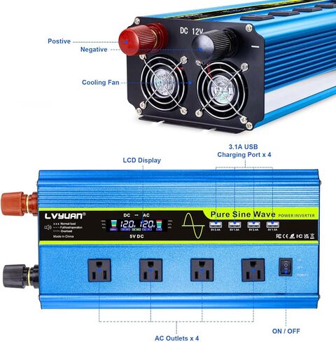 LVYUAN 1600 Watt Power Inverter Pure Sine Wave Inverter 12V to 110V DC to AC with AC Sockets, LCD Display, Wireless Remote Contro Car Power Inverter for Vehicles RV Camping Truck in Saudi Arabia