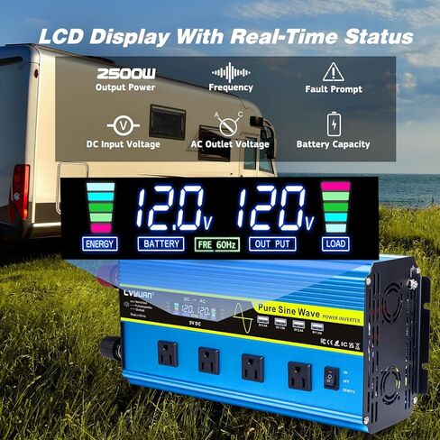 LVYUAN 1600 Watt Power Inverter Pure Sine Wave Inverter 12V to 110V DC to AC with AC Sockets, LCD Display, Wireless Remote Contro Car Power Inverter for Vehicles RV Camping Truck in Saudi Arabia