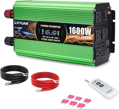 LVYUAN 1600 Watt Power Inverter Pure Sine Wave Inverter 12V to 110V DC to AC with AC Sockets, LCD Display, Wireless Remote Contro Car Power Inverter for Vehicles RV Camping Truck in Saudi Arabia
