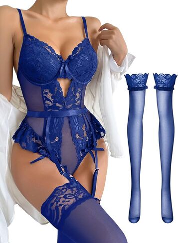 Lilosy Sexy Stocking Lace Mesh Bodysuit Top Underwire Garter Lingerie Set 3 Piece in Kuwait