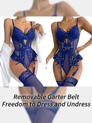 Lilosy Sexy Stocking Lace Mesh Bodysuit Top Underwire Garter Lingerie Set 3 Piece in Kuwait