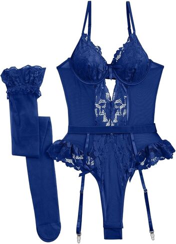 Lilosy Sexy Stocking Lace Mesh Bodysuit Top Underwire Garter Lingerie Set 3 Piece in Kuwait