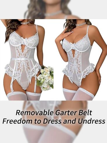 Lilosy Sexy Stocking Lace Mesh Bodysuit Top Underwire Garter Lingerie Set 3 Piece in Kuwait
