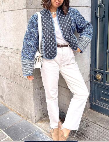 Aimiray Women Women Floral Puffer Jacket Cardigan مطبوعة خفيفة الوزن مفتوحة الأمامية مبطنة مبطن (NavyBlue-XS) in Kuwait