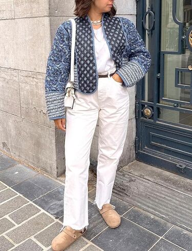 Aimiray Women Women Floral Puffer Jacket Cardigan مطبوعة خفيفة الوزن مفتوحة الأمامية مبطنة مبطن (NavyBlue-XS) in Kuwait