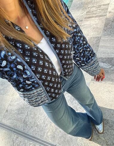 Aimiray Women Women Floral Puffer Jacket Cardigan مطبوعة خفيفة الوزن مفتوحة الأمامية مبطنة مبطن (NavyBlue-XS) in Kuwait