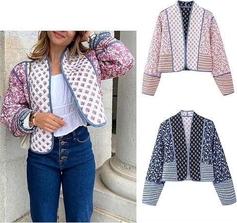 Aimiray Women Women Floral Puffer Jacket Cardigan مطبوعة خفيفة الوزن مفتوحة الأمامية مبطنة مبطن (NavyBlue-XS) in Kuwait
