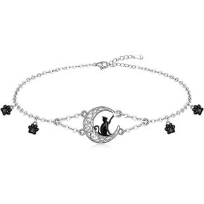 Cat Anklets Ankle Bracelets for Women Sterling Silver Celtic Moon Black Cat Paw Print Anklet Bracelet for Cat Lovers Cute Animal Pet Beach Boho Foot Chain Jewelry Summer Gifts