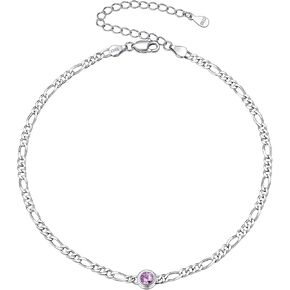 ChicSilver 925 Sterling Silver Heart/Round Birthstone Figaro Chain Anklet for women Simple Dainty Summer Beach Ankle Bracelet (with Gift Box)