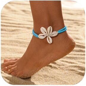 Shell Beaded Ankle Bracelet for Women, Double Layered Hollow Heart Sea Shell & Starfish Anklet Boho Turquoise Elastic Anklet Bracelet Summer Beach Foot Jewelry