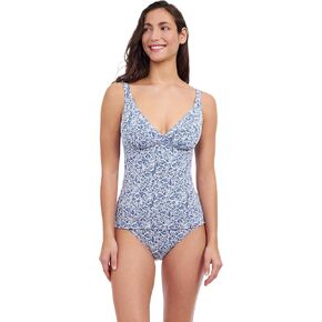 Profile by Gottex Women's Standard Plumeria Textured Jeans and White Leafy Print D Cup Tankini Bathing Suit Top Swim Essential