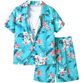 Boy's 2 Piece Hawaiian Outfits Tropical Print Short Sleeve Button Down Shirts and Shorts Sets