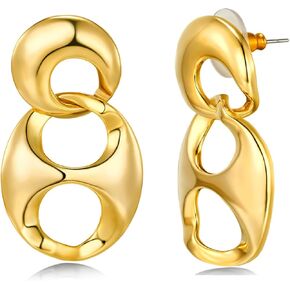 Gold Big Bold Double Interlock Flat Round Oval Hoop Statement Drop Earrings for Women by SNGIA, Large Irregular Twist Chunky Handmade Formal Trendy Summer Jewelry Gifts, Woven Circle Disc Coin Geometric Dome Beachy Vacation Fashion Hanging Earrings Access