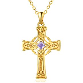 Celtic Cross Necklaces for Women Mother, 14K Gold Irish Luck Jewelry with Birthstone Pendant, Anniversary Birthday Gifts for Her Wife Girlfriend, 18+2 Inch Chain