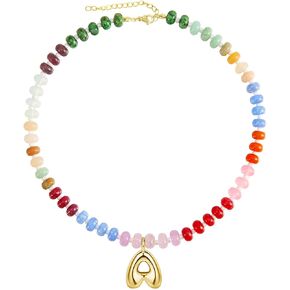 Elegant Boho Colorful Beaded Necklace with Gold Bubble Letter A-Z Pendant,Handmade Trendy Summer Beach Initial Necklace Chain,14K Gold-Plated Natural Stone Choker, Perfect Festival Jewelry Gift for Women