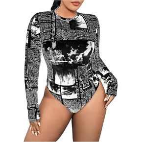 MakeMeChic Women's Plus Size Newspaper Print Tops Crew Neck T Shirt Bodysuit Long Sleeve Slim Fit Leotard