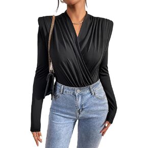 WDIRARA WIND WRAP V الرقبة طويلة الأكمام وسادات الكتف bodysuit قميص أنيقة