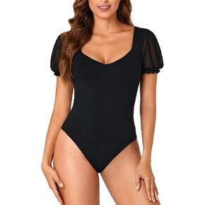 LYANER Women's Mesh Puff Sleeve Sweetheart V Neck Bodysuit Short Sleeve Leotards Tops