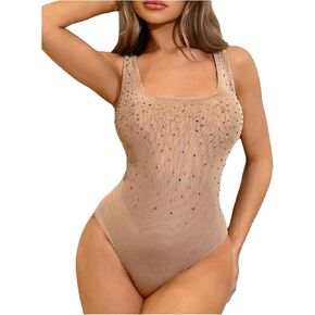 WDIRARA Women's Glitter Rhinestone Mesh Bodysuit Tank Tops Scoop Leotard Top