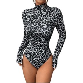 Milumia Women's Leopard Print Mock Neck Long Sleeve Slim Fit Bodysuit Jumpsuit