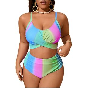 Verdusa Women's Plus Size 2 Piece Colorblock Ombre Bikini Set Cross Front Ruched Tie Back Swimsuit