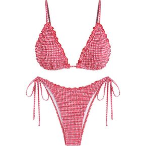 ZAFUL Women's Triangle Bikini Set Ruffle Smocked String High Cut Swimsuit Cheeky Two Piece Bathing Suit