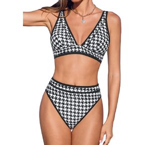 CUPSHE Women's Bikini Set Two Piece Swimsuits High Waisted V Neck Bathing Suit Back Hook Cheeky Bottom Textured