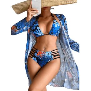 Women's 3 Piece Tropical Bikini Set with Mesh Coverup, Sexy Crisscross Cutout Swimsuits for Pool Party in Saudi Arabia