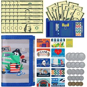 DEEKI Kids Wallet with Play Money Set(66 Pcs) for Boys Girls, Trifold Canvas Wallet Zipper Pocket and Key Chain for Toddler Children Birthday Outdoor Sport Learn, Novelty Purse with Play Cards-Rainbow