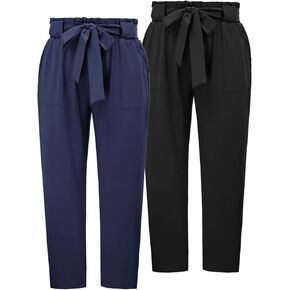 Hanna Nikole Women's Plus Size Elastic Waist Self-Tie Belted Pencil Pants Ankle Length Casual Pants with Pockets