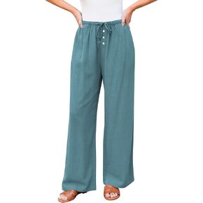 GRAPENT Linen Wide Leg Pants Woman High Waisted Pull On Button Drawstring Baggy Casual Summer Palazzo Pants with Pockets