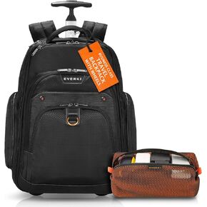 Everki Atlas Wheeled Laptop Backpack (EKP122) with Orange Accessory Pouch - Rolling Backpack with 13"-17.3" Compartment, 30L Capacity - Wheeled Travel Backpack & Accessory Pouch Bundle