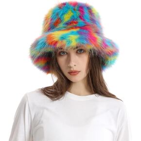 RomanticDesign Women Trendy Faux Fur Bucket Hat Winter Colorful Fluffy Plush Warm Fisherman Cap