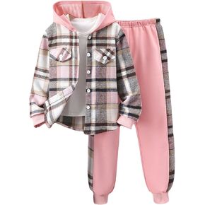 SweatyRocks Girl's 2 Piece Outfits Plaid Button Down Hooded Jacket and Elastic Waist Sweatpants Workout Set