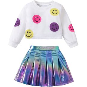 SOLY HUX Toddler Girl's 2 Piece Outfit Smile Graphic Crew Neck Sweatshirt and Metallic Pleated Mini Skirt Set