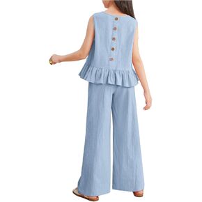 Floerns Girl's 2 Piece Outfit Button Back Ruffle Hem Tank Top with Pants Set