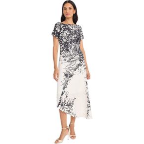 Maggy London Women's Ruched Waist Asymmetrical Midi Boat Neck Short Sleeve-Special Occasion Wedding Guest Dress
