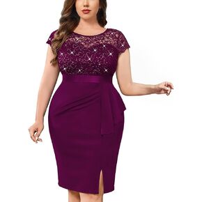 MISSMAY Women's Plus Size Sequin Floral Lace Ruffle Split Elegant Cocktail Party Dress
