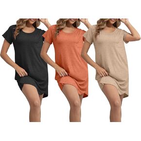 PNAEONG 3 Pack Women's Cotton Nightgown Sleepwear, Short Sleeve Nightshirt with Breast Pocket Casual Sleepwear, S-3XL