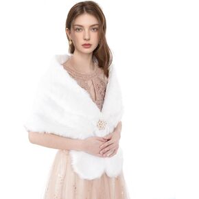 Lystaii Faux Fur Shawl Wrap Stole 1920s Winter Bridal Wedding Scarf Wrap with Faux Pearl Rhinestone Brooches for Women