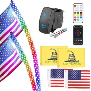 2 Pack 3FT Whip Lights RGB LED Remote & APP Control, DIY Chasing Patterns, Stop/Turn/Reverse Safety Lights for ATV, UTV, Polaris RZR, Can-Am & Dune Buggy