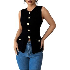 Verdusa Women's Button Front Sweater Vest Round Neck Split Sleeveless Knit Top